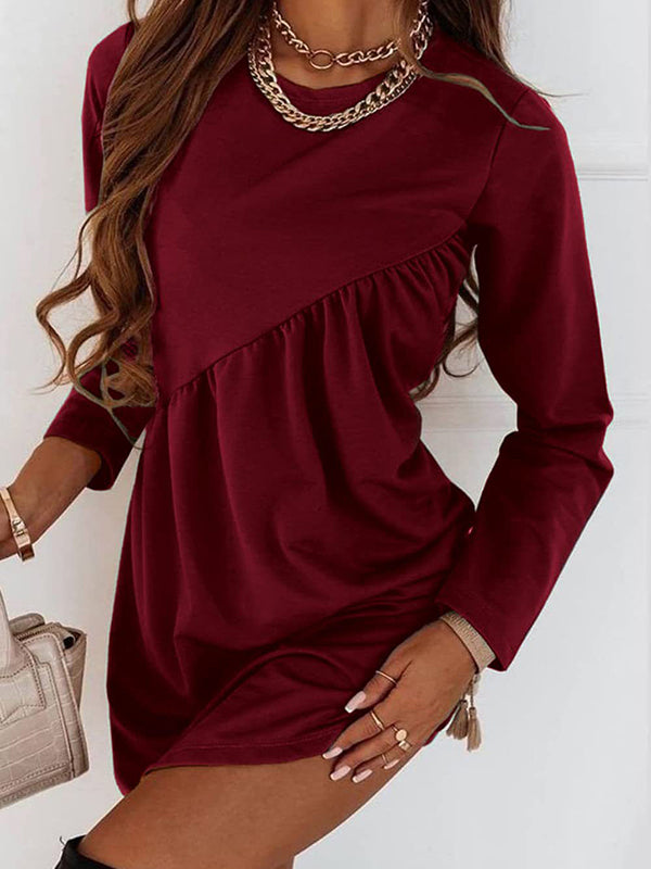 Casual Loose Long Sleeves Solid Color Round-Neck Mini Dresses