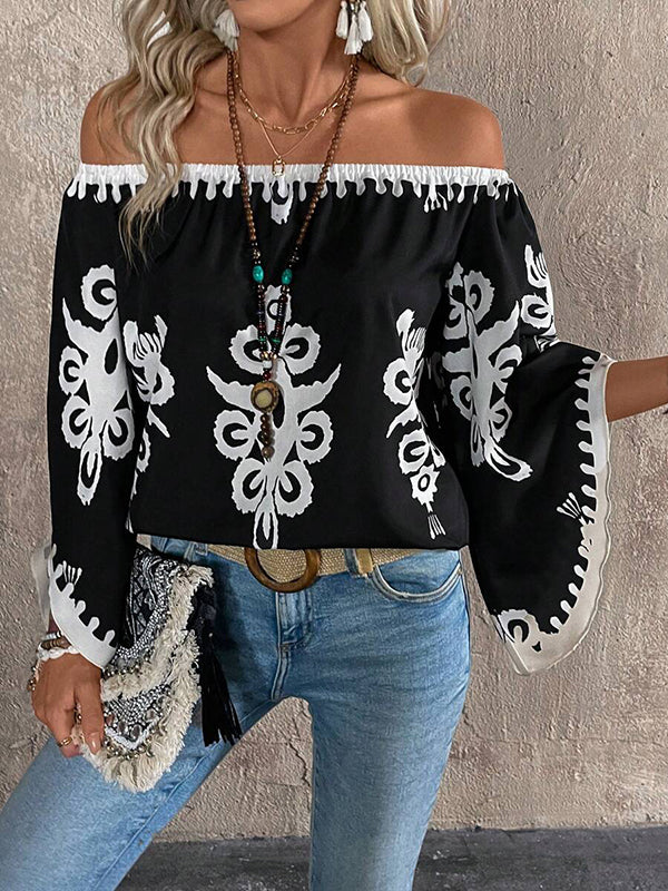 Long Sleeves Loose Elasticity Printed Off-The-Shoulder Blouses&Shirts Tops