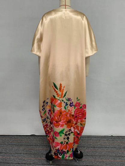 A-Line Half Sleeves Elasticity Flower Print Split-Front V-Neck Maxi Dresses