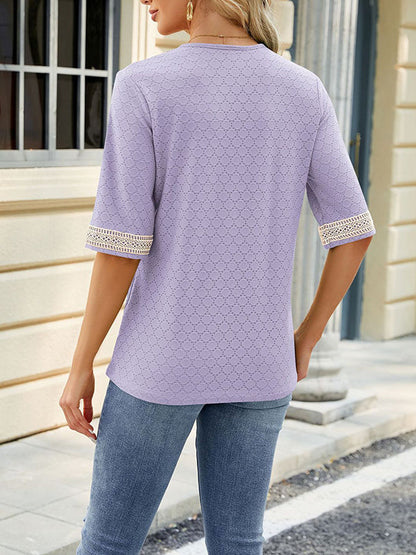 Loose Short Sleeves Contrast Color Hollow Split-Joint V-Neck T-Shirts Tops
