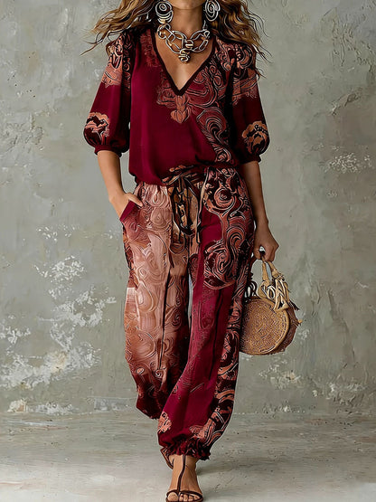 Contrast Color Printed V-Neck Half Sleeves Blouses&Shirts Tops + High Waisted Tied Waist Pockets Pants Trousers Two Pieces Set