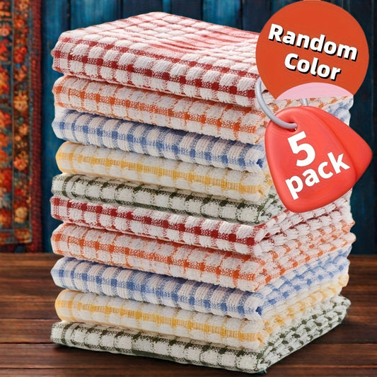 (1 set, optional) 5-piece colorful plaid dish towels - super absorbent and reusable cleaning cloth, shrink-resistant polyester for kitchen, bathroom, bedroom, outdoor use - multiple colors (red, white, orange, blue, green), bathroom