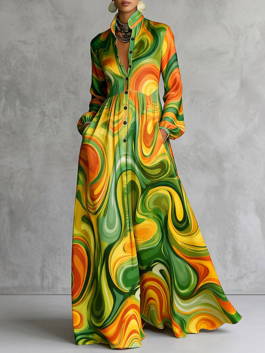 Printed Pockets Pleated Contrast Color Loose Long Sleeves Stand Collar Maxi Dresses