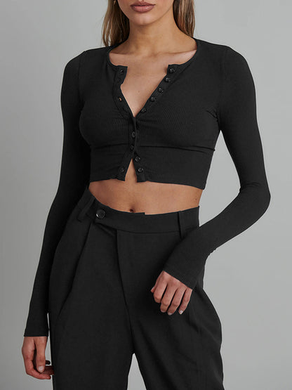 Long Sleeves Skinny Buttoned Solid Color Round-Neck Cardigan Tops