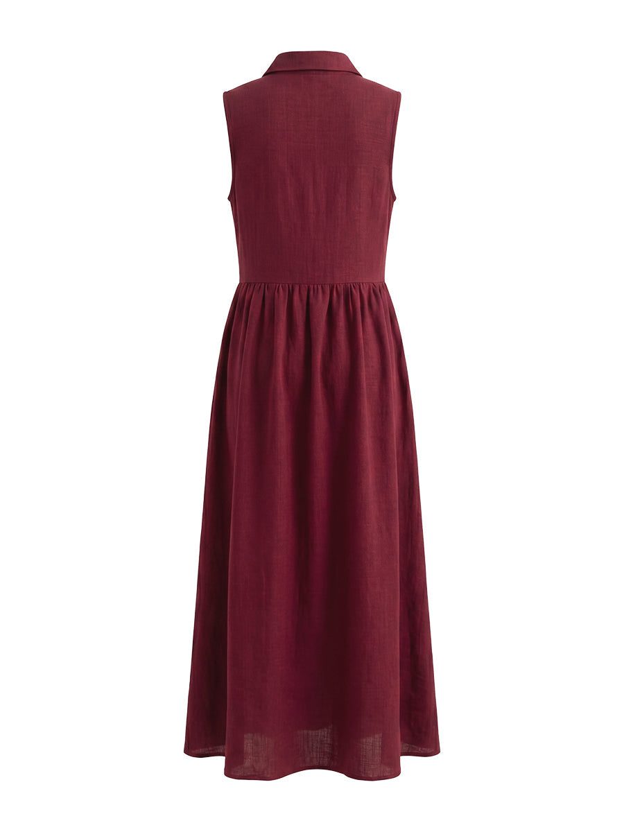 High Waisted Loose Buttoned Pleated Solid Color Lapel Maxi Dresses
