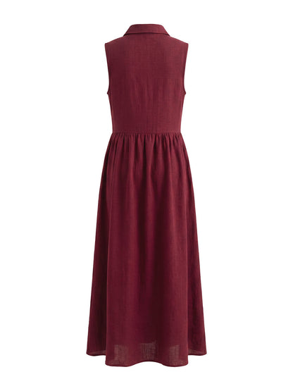 High Waisted Loose Buttoned Pleated Solid Color Lapel Maxi Dresses