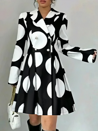 A-line High Waisted Buttoned Contrast Color Pleated Polka-Dot Lapel Mini Dresses