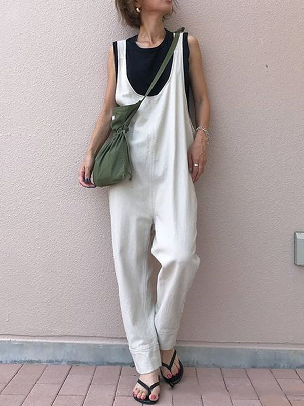 Loose Sleeveless Solid Color Split-Joint U-Neck Overalls