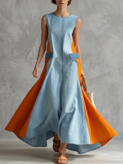 A-Line Loose Contrast Color Split-Front Round-Neck Maxi Dresses
