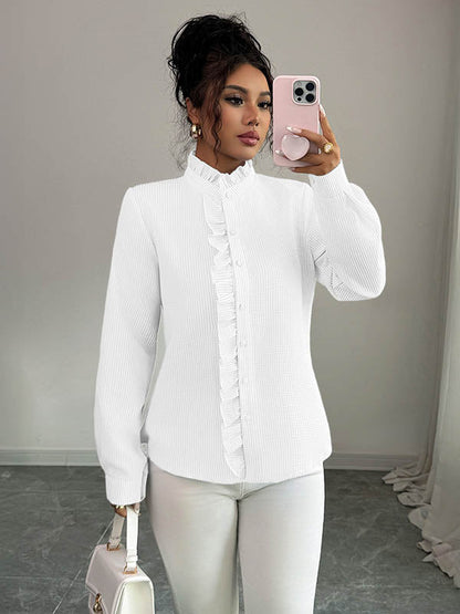 Long Sleeves Skinny Buttoned Ruffled Split-Joint Striped Stand Collar Blouses&Shirts Tops