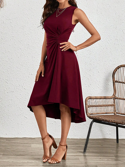 A-Line High Waisted Asymmetric Pleated Solid Color Split-Joint Round-Neck Midi Dresses