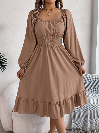 A-Line Elasticated Waist Pleated Ruffled Solid Color Square-Neck Midi Dresses