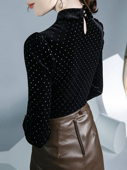 Long Sleeves Skinny Buttoned Polka Dot Split-Joint Lapel T-Shirts Tops