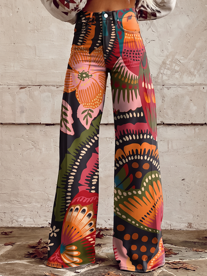 Printed Pockets Buttoned Wide Leg Plus Size Trousers Pants
