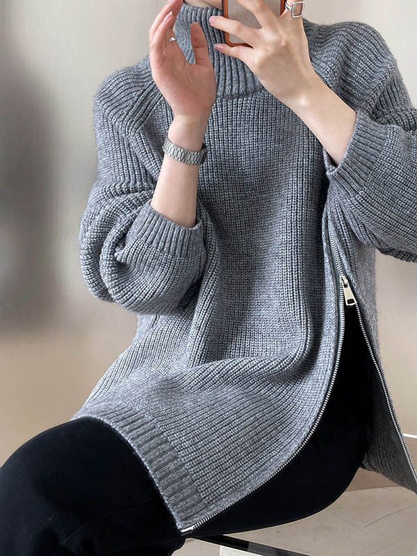 Long Sleeves Loose Split-Joint Split-Side Zipper High Neck Sweater Tops