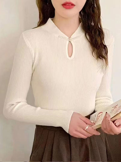 Long Sleeves Skinny Hollow Solid Color Mock Neck Pullovers Sweater Tops
