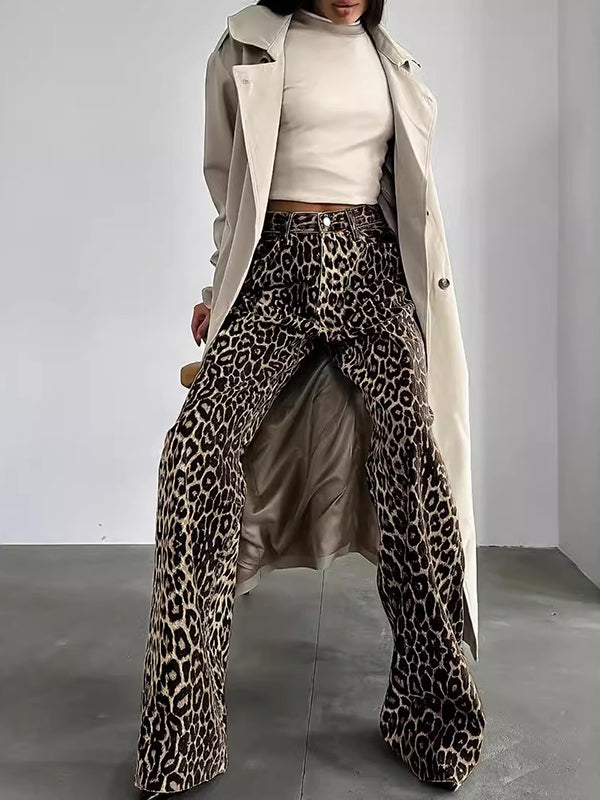 Loose Buttoned Leopard Pockets Split-Joint Pants Trousers