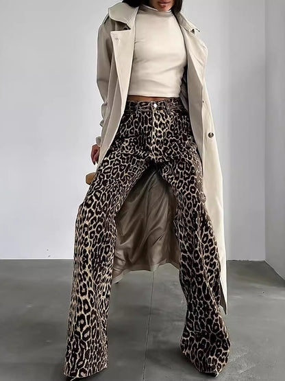 Loose Buttoned Leopard Pockets Split-Joint Pants Trousers
