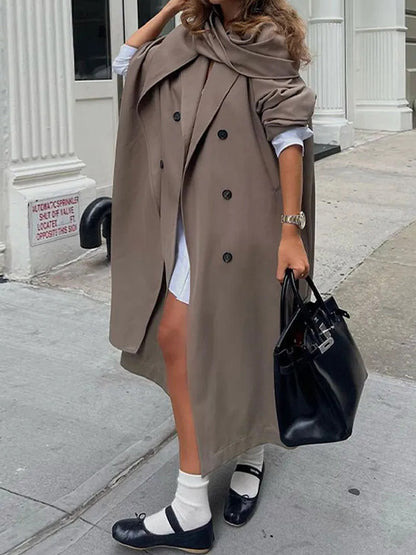 Long Sleeves Loose Buttoned Pockets Solid Color Split-Joint Notched Collar Outerwear Trench Coats