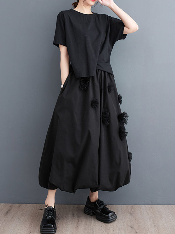Loose Flower-Embellished Elastics Solid Color Skirts Bottoms