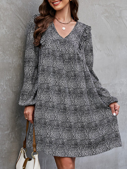 A-Line Bishop Sleeve Leopard Ruffled Tied V-Neck Mini Dresses