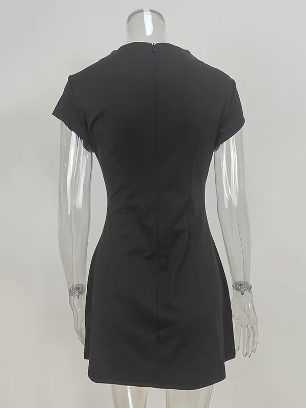 A-Line High Waisted Pockets Solid Color Split-Joint Mock Neck Mini Dresses