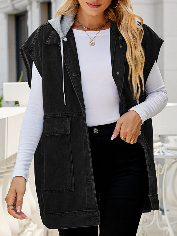 Loose Sleeveless Buttoned Detachable Hooded Pockets Split-Joint Lapel Collar Vest Outerwear