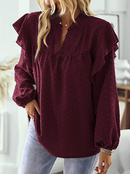 Long Sleeves Loose Elasticity Jacquard Ruffle Trim Solid Color Split-Joint V-Neck Blouses&Shirts Tops