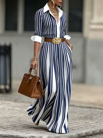 A-Line Loose Buttoned Contrast Color No Belt Striped Lapel Maxi Dresses