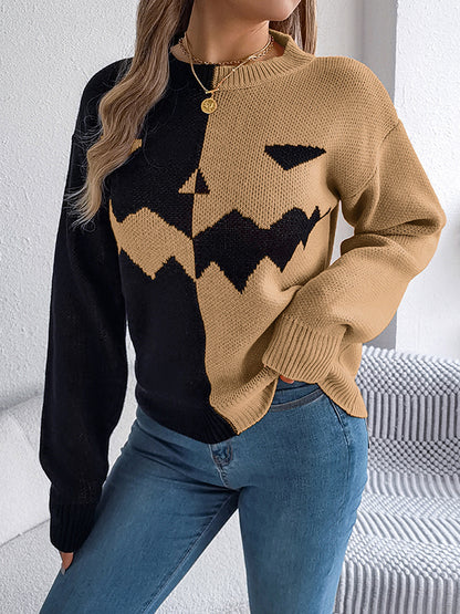 Long Sleeves Loose Contrast Color Split-Joint Round-Neck Pullovers Sweater Tops
