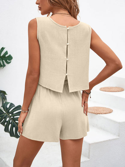 Loose Sleeveless Buttoned Drawstring Elasticity Pockets Solid Color Round-Neck Shorts Bottoms + Tank Top Two Pieces Set
