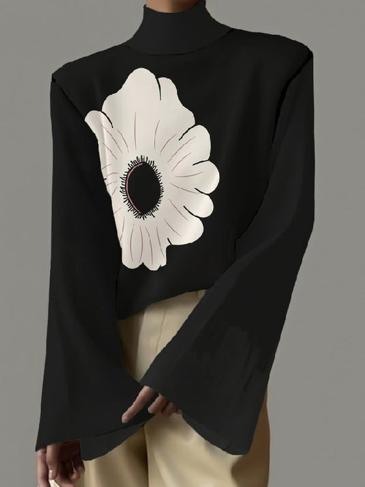 Flared Sleeves Flower Print High-Neck T-Shirts Tops