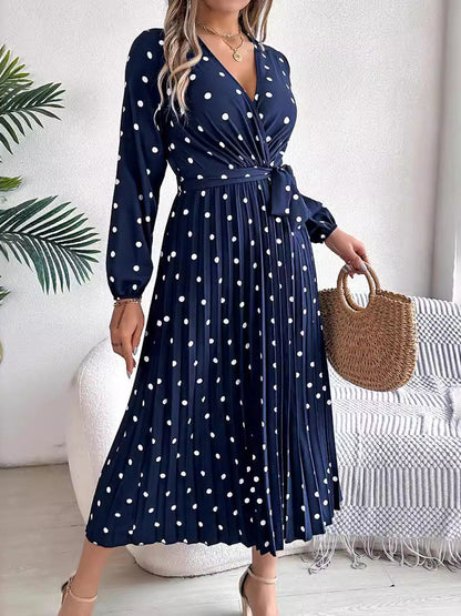 High Waisted Long Sleeves Pleated Polka Dot Tied Waist V-Neck Maxi Dresses Shirt Dress
