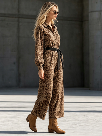 Tied Waist Pockets Leopard Buttoned Wide Leg Loose Lapel Jumpsuits
