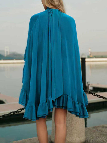 High Waisted Sleeveless Pleated Ruffled Solid Color Split-Joint Tied Mock Neck Mini Dresses Two Pieces Set