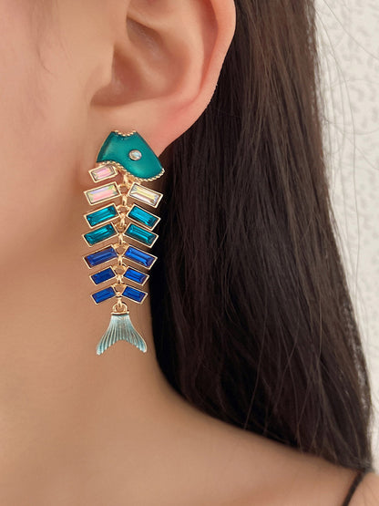 Fish Bones Rhine Stones Shiny Earrings Accessories