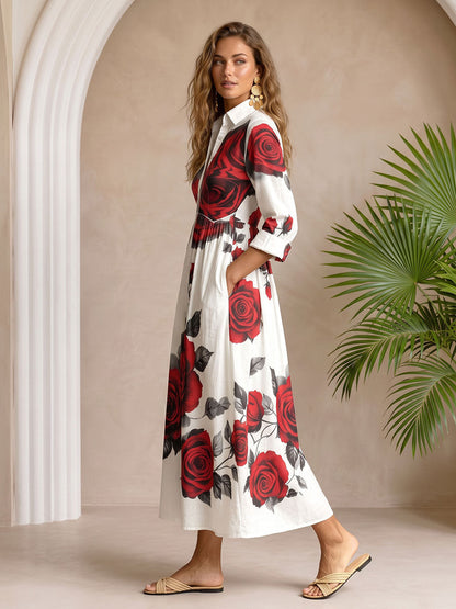 Split-Joint Pockets Pleated Flower Print Contrast Color Buttoned Three-quarter Sleeves Loose Lapel Shirt Dress Maxi Dresses