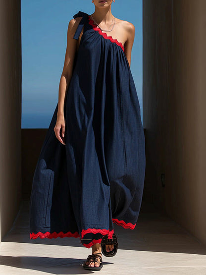 A-Line Loose Pleated Pockets Split-Joint Tied One-Shoulder Maxi Dresses