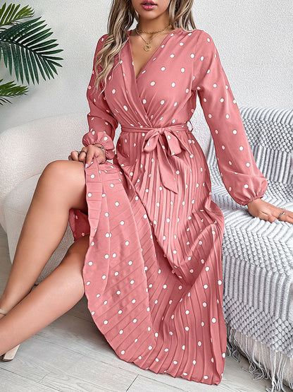 High Waisted Long Sleeves Pleated Polka Dot Tied Waist V-Neck Maxi Dresses Shirt Dress