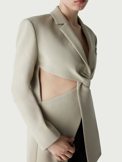 Long Sleeves Loose Hollow Knot Solid Color Notched Collar Blazer