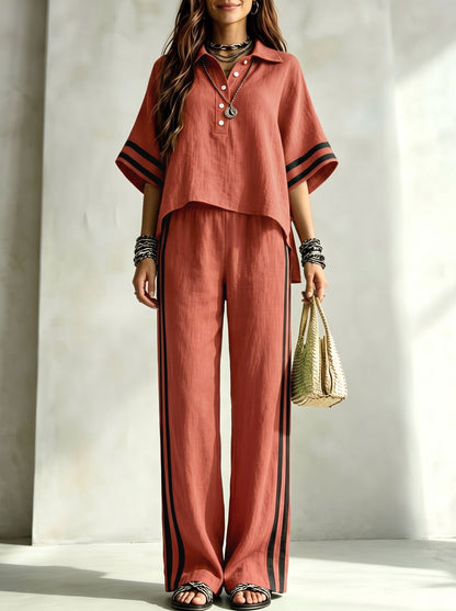 Striped Pockets Elasticity Contrast Color Wide Leg High Waisted Trousers Pants