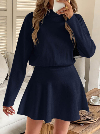 A-line High Waisted Elasticity Solid Color Round-neck Mini Dresses Sweater Dresses