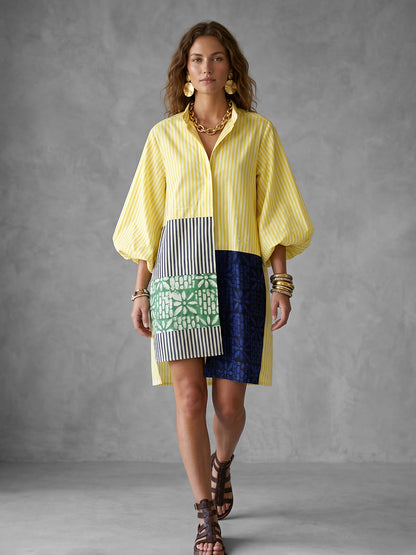 High-Low Long Sleeves Asymmetric Buttoned Contrast Color Printed Split-Joint Striped Lapel Mini Dresses Shirt Dress