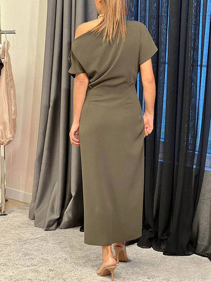 Raglan Sleeve Asymmetric Pleated Split-Front Split-Joint One-Shoulder Evening Dresses Maxi Dresses