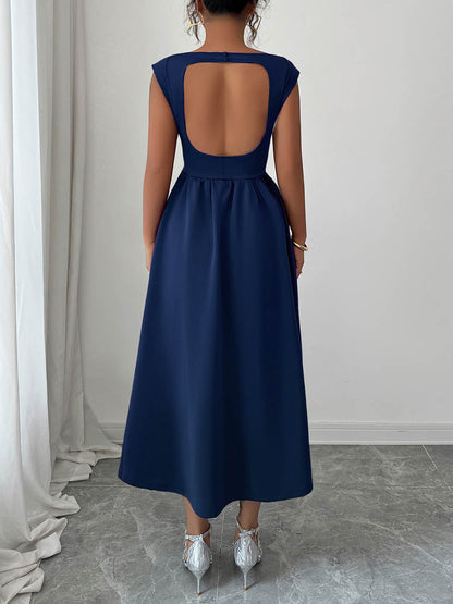 A-Line High Waisted Backless Pleated Pockets Solid Color Boat Neck Midi Dresses