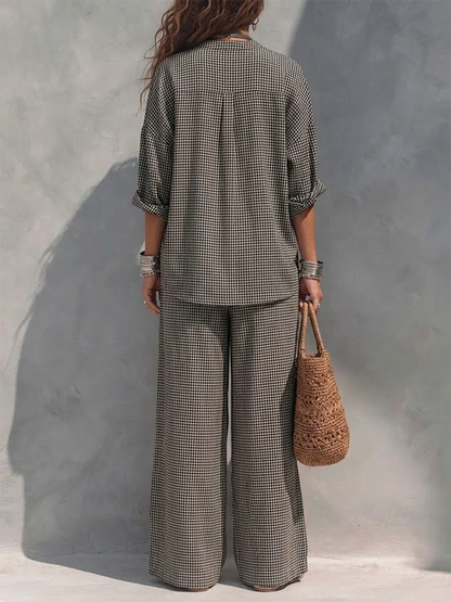 Pockets Plaid Elasticity Contrast Color Wide Leg Loose Trousers Pants