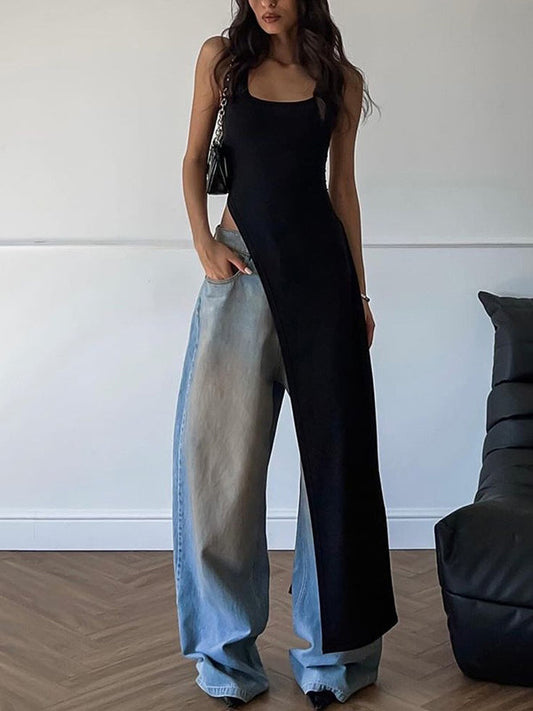Skinny Sleeveless Asymmetric Solid Color Split-Side Square-Neck Tank Top