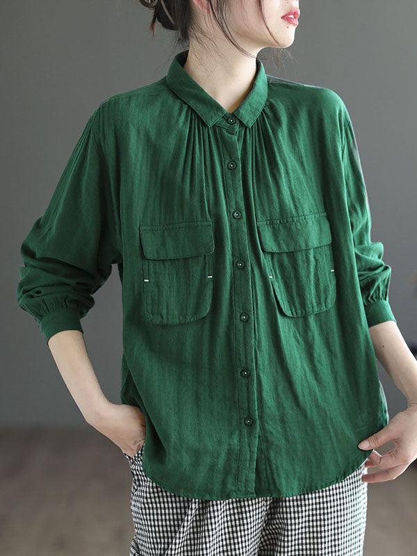 High-Low Long Sleeves Buttoned Pockets Lapel Blouses&Shirts Tops