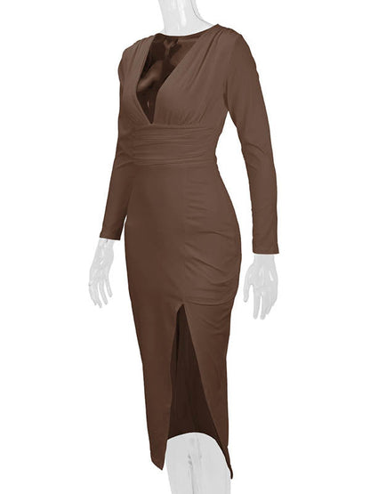Bodycon Elasticated Waist Pleated Solid Color Split-Joint Split-Side Deep V-Neck Midi Dresses