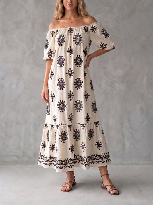 A-Line Half Sleeves Elasticity Pleated Printed Ruffle Trim Split-Joint Off-The-Shoulder Maxi Dresses